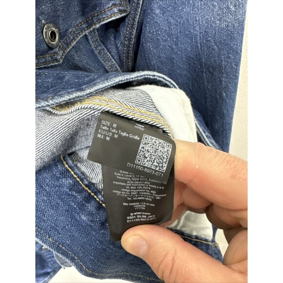 G star Jacket Mens M blue denim button Biker Light Distress Jean 3301 Slim - Picture 9 of 10